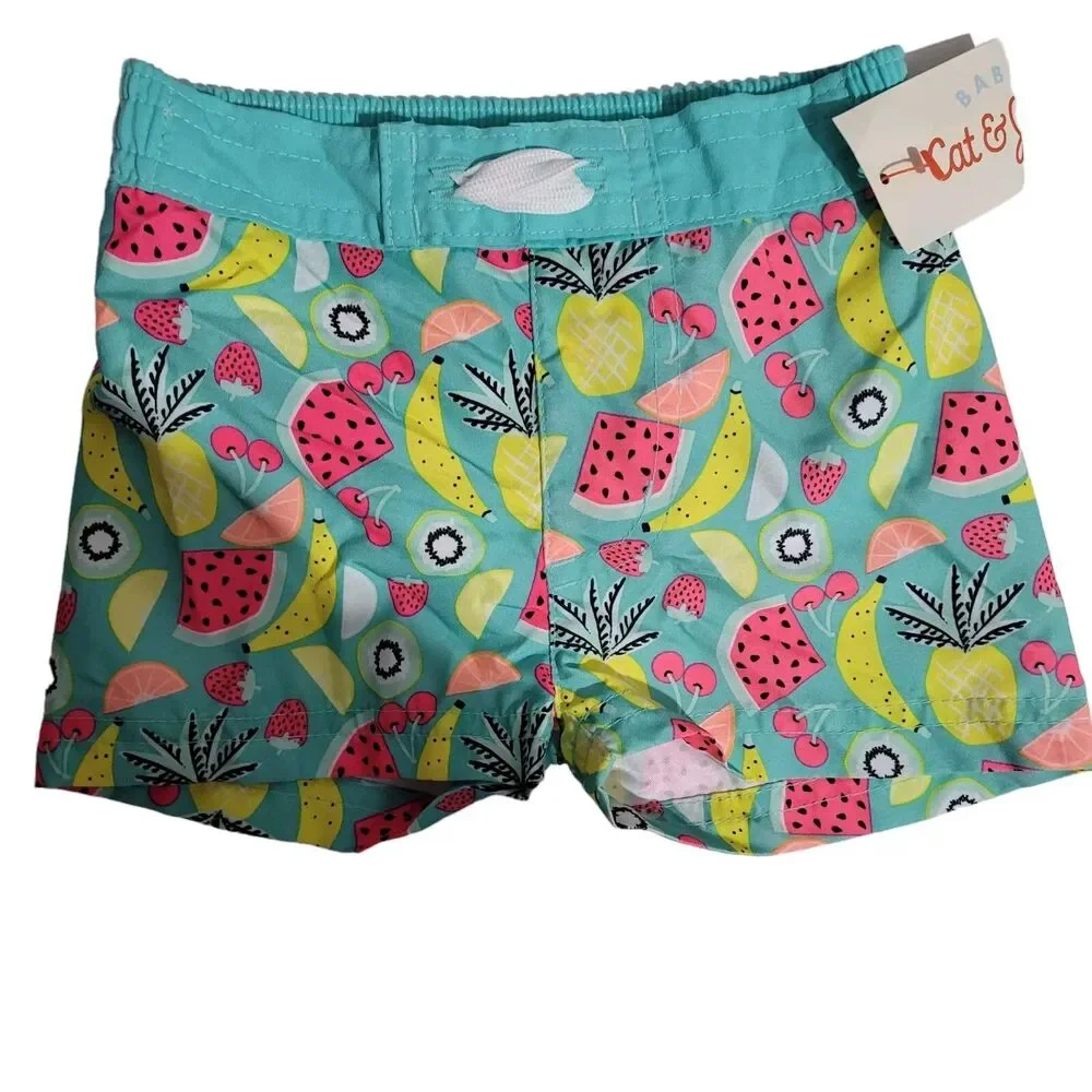 cat and jack boys swim trunks size 3-6 months turquois with fruit‎ prints